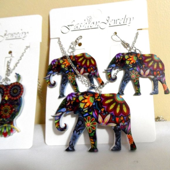 New Boho MOSAIC Elephant Owl Necklace Earrings Set Floral Modern Jewelry Chic! - Picture 9 of 9